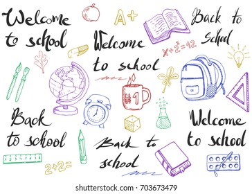 Vector set of hand-written lettering and school supplies