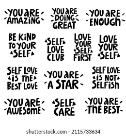 vector set of handwritten motivating inscriptions on the theme of self-love in black