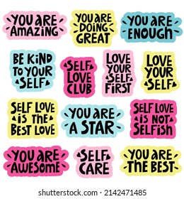 vector set of handwritten motivating inscriptions on the theme of self-love in the form of stickers