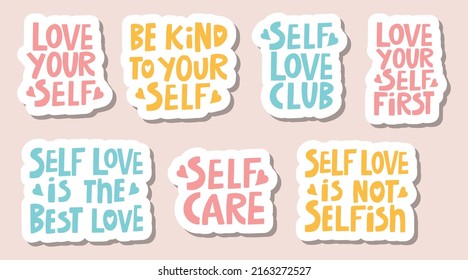 conjunto vectorial de inscripciones de motivación manuscritas sobre el tema del amor propio en forma de stickers 