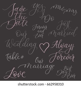 Vector set of handwritten phrases about love to wedding day, valentines day design poster, invitation, greeting card, photography overlay, photo album, banner. Modern calligraphy.