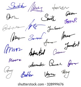 Vector set of handwritten signatures. Hand drawn signature isolated on white background. Business autograph illustration.