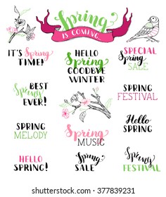 Vector set of hand-written spring brush lettering. Hello spring. Goodbye winter. It's spring time. Best spring ever. Spring melody. Special spring sale. Spring festival. Spring music. Spring is coming