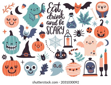 Vector set with handwritten text 'Eat, drink and be scary' and cute Halloween icons: ghosts, bat, pumpkins, Halloween candles. Doodle collection with holiday decorations. Funny Halloween greeting card