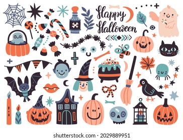 Vector set of handwritten text 'Happy Halloween' and cute Halloween icons: ghosts, bats, pumpkin, Halloween candies, spiders. Doodle collection with holiday decorations. Funny Halloween greeting card.