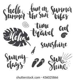 Vector set of hand-written text with some elements for lettering poster or postcard. Motivation and inspiration quotes.Typography and calligraphy collection about summer.