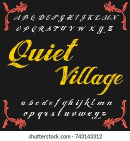 Vector set of handwritten typeface alphabet fonts named Quiet Village. Hand drawn fonts set. Calligraphic ABC alphabet set. Retro style lettering. 