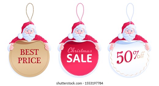 Vector set of hang price tags with a knotted string loops. Cute Santa Claus hugging a different round price tags. Brown, red, white cardboard stickers with a text: Best Price, Christmas Sale, 50% off