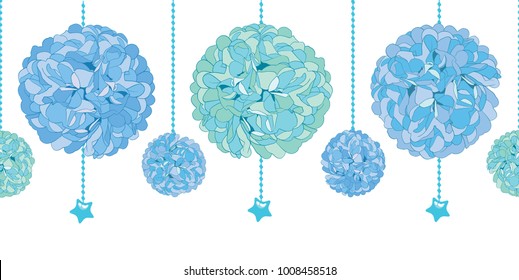 Vector Set of Hanging Blue Bay Boy Birthday Party Paper Pom Poms and Beads Set Horizontal Seamless Repeat Border Pattern. Great for handmade cards, invitations, wallpaper, packaging, nursery designs.