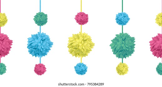 Vector Set of Hanging Colorful Birthday Party Paper Pom Poms Set Horizontal Seamless Repeat Border Pattern. Great for handmade cards, invitations, wallpaper, packaging, nursery designs.
