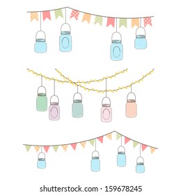 Vector Set of Hanging Glass Jar Lights and Bunting