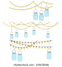 Vector Set of Hanging Glass Jar Lights and Bunting