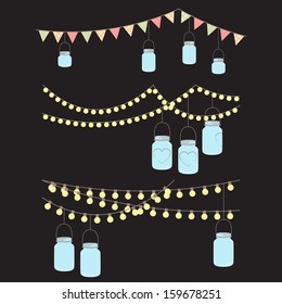 Vector Set Of Hanging Glass Jar Lights And Bunting