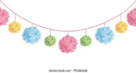 Vector Set of Hanging Pastel Colorful Birthday Party Paper Pom Poms Set Horizontal Seamless Repeat Border Pattern. Great for handmade cards, invitations, wallpaper, packaging, nursery designs.