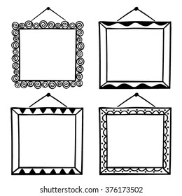 Vector set of hanging picture frames, hand drawn doodle style,  isolated on white background.