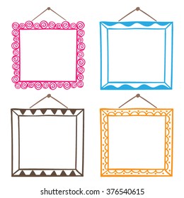 Vector set of hanging picture frames, hand drawn doodle style,   isolated on white background.