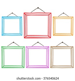 Vector Set Of Hanging Picture Frames, Hand Drawn Doodle Style,   Isolated On White Background.