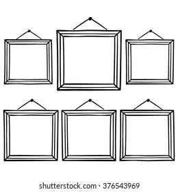 Vector set of hanging picture frames, hand drawn doodle style,   isolated on white background.