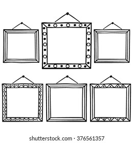 Vector set of hanging picture frames, hand drawn doodle style,   isolated on white background.