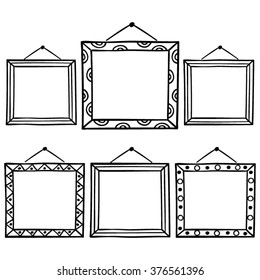 Vector Set Of Hanging Picture Frames, Hand Drawn Doodle Style,   Isolated On White Background.