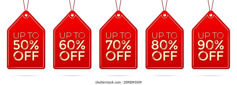Vector set of hanging red sale tags with different percent numbers, isolated on white background