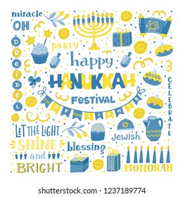 Vector set of Hanukkah design  elements. Menorah, candles, donuts,cupcake, gifts, candles, dreidel,coins, sufganiyan  and Jewish star. Vector collection.