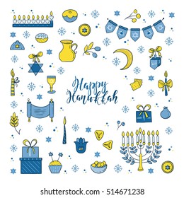 Vector set of Hanukkah design elements. Menorah, wreath, candles, donuts, garland, bow, cupcake, gifts, candles, dreidel,  coins, oil, sufganiyan, snowflakes and Jewish star. Vector collection.