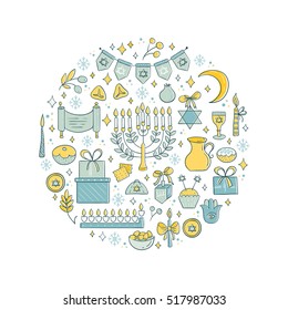 Vector set of Hanukkah design elements made in circle. Menorah, wreath, candles, donuts, garland, cupcake, gifts, candles, dreidel,  coins, sufganiyan, snowflakes and Jewish star. Vector collection.