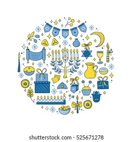 Vector set of Hanukkah design elements made in circle. Menorah, candles, donuts, garland, bow, cupcake, gifts, candles, dreidel, coins, sufganiyan, snowflakes and Jewish star. Vector collection.