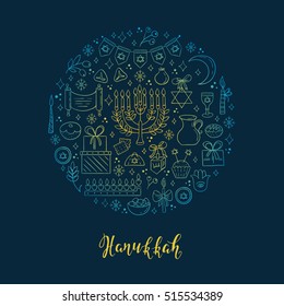 Vector set of Hanukkah design outline elements made in circle. Menorah, candles, donuts, garland,cupcake, gifts, candles, dreidel,coins, sufganiyan, snowflakes and Jewish star. Vector collection.