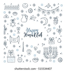 Vector set of Hanukkah design outline elements. Menorah, candles, donuts, garland, bow, cupcake, gifts, candles, dreidel,coins, sufganiyan, snowflakes and Jewish star. Vector collection.