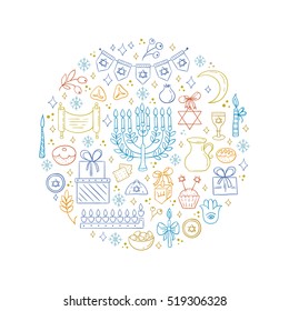 Vector set of Hanukkah design outline elements made in circle. Menorah,candles, donuts, garland, bow, cupcake, gifts, candles, dreidel,coins, sufganiyan, snowflakes and Jewish star. Vector collection.