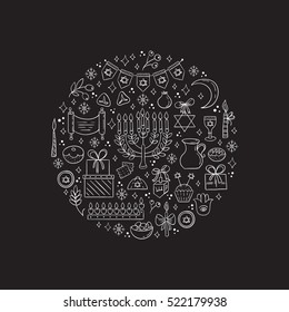 Vector set of Hanukkah design outline elements made in circle. Menorah, candles, donuts, garland, cupcake, gifts, candles, dreidel, coins, sufganiyan, snowflakes and Jewish star. Vector collection.