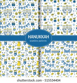Vector set of Hanukkah seamless pattern with menorah, candles, donuts, garland, bow, cupcake, gifts, candles, dreidel, coins, oil, sufganiyah, snowflakes and Jewish star. Jewish holiday symbols