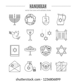 Vector set of Hanukkah symbols in trendy linear style isolated on white background. Editable stroke