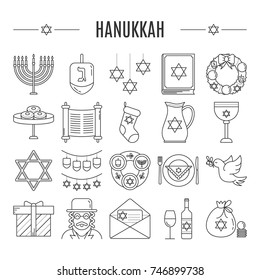 Vector set of Hanukkah symbols in trendy linear style isolated on white background