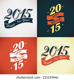 Vector set of Happy 2015 new year greetings | Retro styled happy new year clip art on colorful plain background | Happy new year greeting card decoration elements