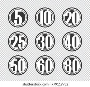 Vector set of happy anniversary emblems. 5th, 10th, 20th, 25th, 30th, 40th, 50th, 60th, 80th anniversary logo's collection.