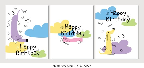 Vector set of happy birthday cards with funny dog dachshund in pastel colors. Vector greeting card with cute dog and clouds, print for factory textiles.