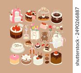 Vector set of happy birthday vector elements. Birthday Cakes, Flowers, symbols of celebration,