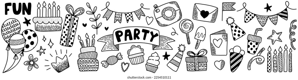 Conjunto vectorial de elementos vectoriales de feliz cumpleaños sobre fondo blanco. Dibujo a mano de íconos de línea de esquema iconos de arte para la decoración tarjetas de invitación pegatinas paquete Pasteles, símbolos de fiesta de celebración
