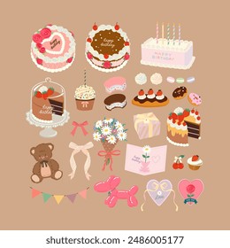 Vector set of happy birthday vector elements. Birthday Cakes, Flowers , symbols of celebration.	