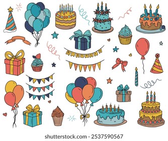 Vector set of happy birthday equipment in blue, orange, red, yellow color. Flying balloons, cake with cream and burning candles, string with triangular flags, cupcakes. Hand drawn sketch illustration