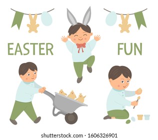 Vector set of a happy boy doing Easter activities. Spring funny illustration. Cute kid coloring egg, driving a wheelbarrow with chicks, jumping with joy