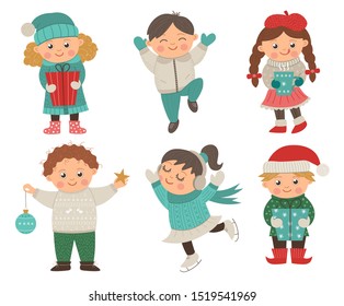 Vector set of happy children in different poses for Christmas design. Cute winter kids illustration with presents, decorations, hot drink. Funny boy jumping with joy. Skating girl in earmuffs