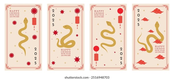 Conjunto de Vector de carteles de Vertical del feliz año Nuevo chino 2025. Fondos con una serpiente y Formas geométricas. Ilustración vectorial.