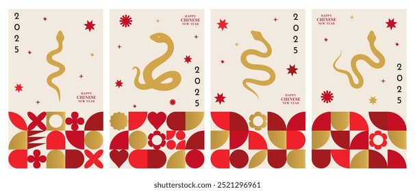 Vector set of Happy Chinese New Year 2025 vertical posters. Backgrounds with a snake and geometric shapes. Vector illustration.