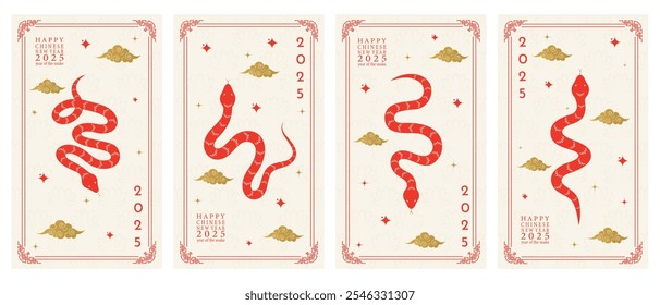 Vector set of Happy Chinese New Year 2025 vertical posters with a snake and clouds. Vector illustration