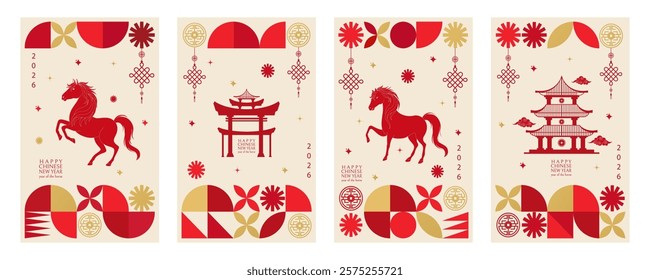 Vector set of Happy Chinese New Year 2026 vertical posters. Backgrounds with a horse and geometric shapes. Vector illustration.