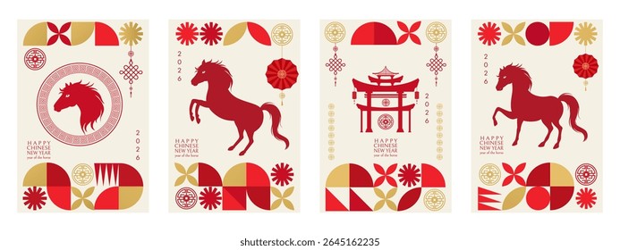 Vector set of Happy Chinese New Year 2026 vertical posters. Backgrounds with a horse and geometric shapes. Vector illustration.